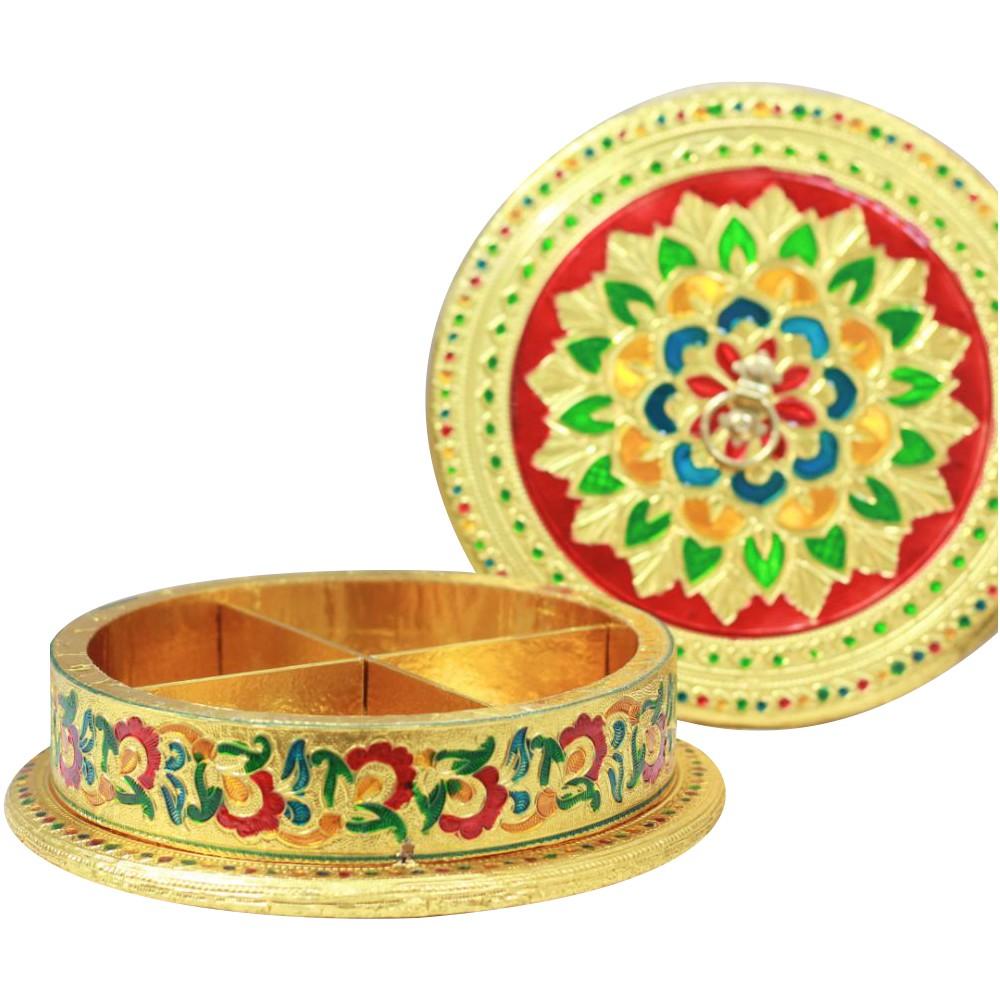 Meenakari Steel Dry Fruit Box Round Golden Size 8X8